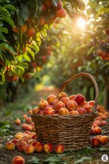 Wall Mural - basket with ripe nectarines stands in the foreground, sunlight passes through the leaves, a pastoral scene of peace and tranquility