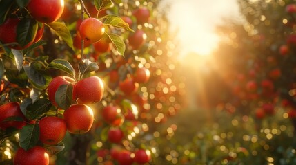 Wall Mural - A landscape with a stunningly beautiful orchard with an abundance of red apples on the branches in the golden hour, fruit picking. apple saved.