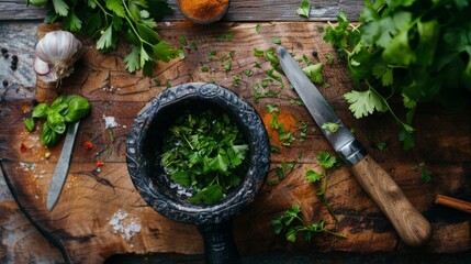 Wall Mural - A pestle and mortar sits on a wooden kitchen surface with herbs in it, a chopping board is next to it and has fresh herbs and knife on it