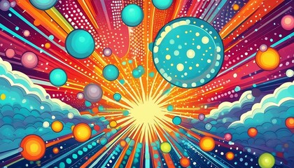 Wall Mural - Colorful pop art comic background with explosive bubbles and dots.