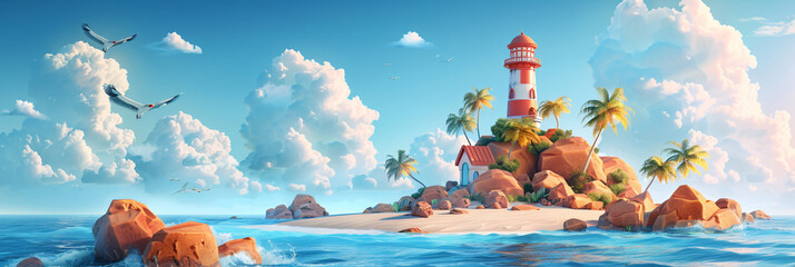 Scenic tropical island with a lighthouse, palm trees, and clear blue ocean. Perfect for travel, vacation themes, and tropical paradise illustrations