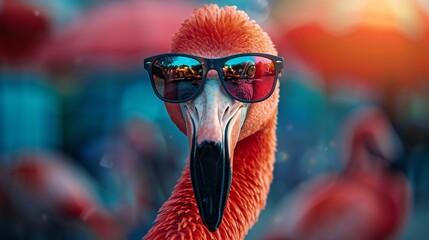 flamingo in sunglasses on summer background