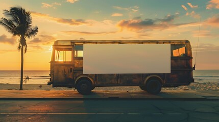 Bronze bus with an advertising space, parked at a scenic beach during sunset.