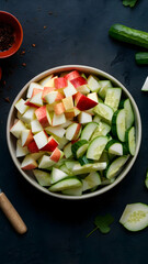 Wall Mural - A bowl filled with diced apples and cucumber spear