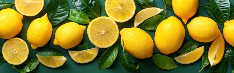 Wall Mural - Fresh Summer Citrus Fruits Pattern: Top View of Lemon Slices and Leaves on Green Background for Banners, Wallpaper, and Textures