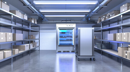 Wall Mural - An industrial refrigerated room with shelves filled with boxes, a large freezer unit, and a smaller freezer unit on wheels