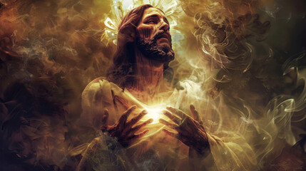 Wall Mural - A digital art depiction of Jesus Christ with a bright light emanating from his chest