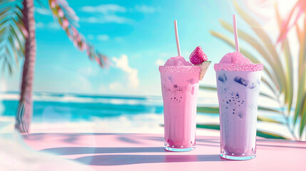Two colorful smoothies topped with fruit and rimmed with sugar sit on a pink table with a tropical beach background
