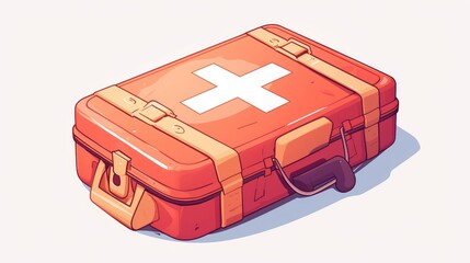 Illustration of a medical equipment icon resembling a first aid kit depicted in a cartoon style and set against a white background