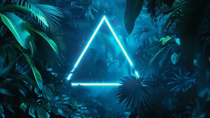 Wall Mural - Bright neon triangle illuminating a shadowy tropical jungle, encircled by lush exotic leaves, exuding a futuristic and sci-fi atmosphere