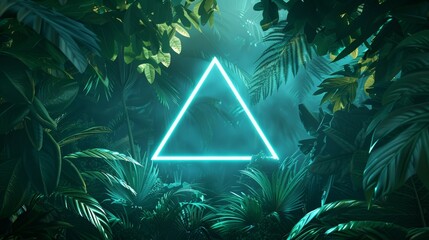 Bright neon triangle illuminating a shadowy tropical jungle, encircled by lush exotic leaves, exuding a futuristic and sci-fi atmosphere
