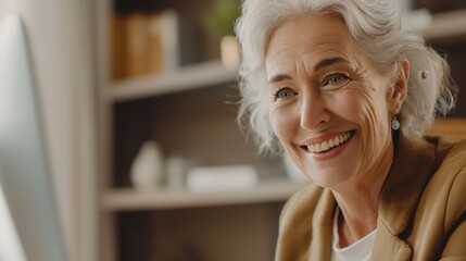 Photo depicts a senior woman with her face blurred, focusing on her elegant attire and work environment