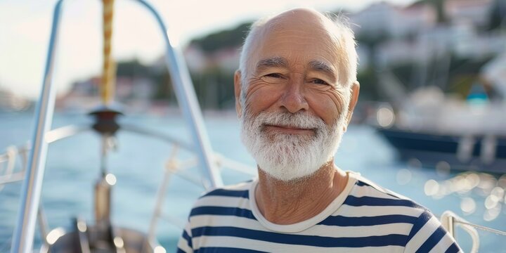 Happy senior man enjoying life on his boat
