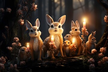 Wall Mural - Cute Easter bunnies with burning candles in the forest.