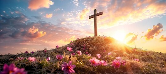 Empty tomb with cross at dawn, symbolizing jesus christ s resurrection and the easter message