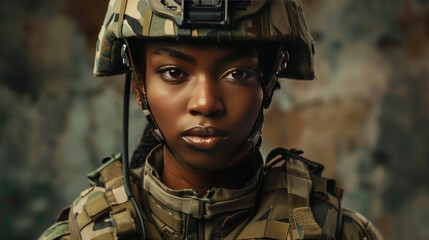 Wall Mural - A young Black woman in camouflage military uniform and helmet, standing resolute and ready for war.