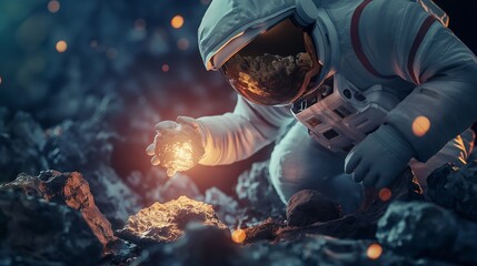 An astronaut in a space suit is carefully inspecting illuminated, otherworldly rocks with a backdrop of darkness and light effects
