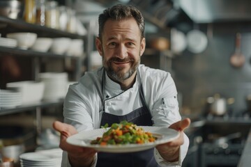 Smiling chef presenting delicious dish in restaurant kitchen