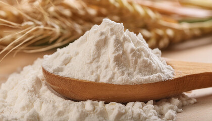 Pile of white wheat flour in wooden spoon