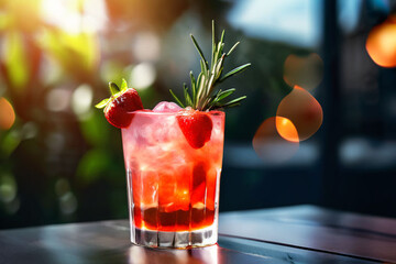 Wall Mural - A delightful close-up showcases a chilled, red cocktail adorned with fresh raspberries and a lime slice. The vibrant colors and condensation on the glass create a refreshing and inviting image.