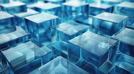 Wall Mural - Transparent 3d blue glass cubes background, geometric abstract tech design