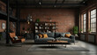 © Anjaم  - 3D render of a living room loft designed in an industrial style, featuring exposed brick walls and modern furnishings for a contemporary look.