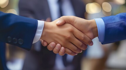 Wall Mural - Image shows a professional and firm handshake between two individuals, symbolizing business partnership, agreements, and trust