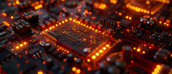 Wall Mural - Detailed closeup of glowing components on a digital circuit board