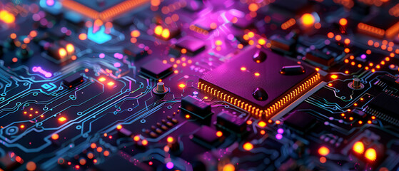 Wall Mural - Detailed closeup of hightech digital circuit board with multicolored lights