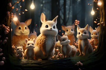 Wall Mural - A group of cute little foxes in a forest with Christmas lights