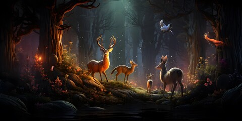Fantasy landscape with deer in the forest. 3d illustration.
