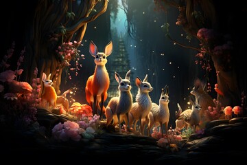Wall Mural - 3d illustration of a group of deer in a cave, digital painting