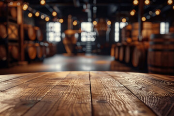 Wall Mural - An elegant, polished oak tasting table in the foreground with a blurred background of a high-end whisky distillery. The background includes rows of oak barrels.