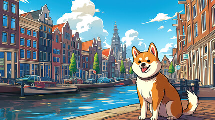 Cute shiba inu sitting on the street of Amsterdam, background is canal and buildings, cartoon style