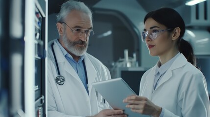 Wall Mural - A male and female medical professional are engaged in a conversation, holding a digital tablet in a laboratory environment