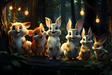 Wall Mural - 3d rendering of a group of cute little rabbits in the forest