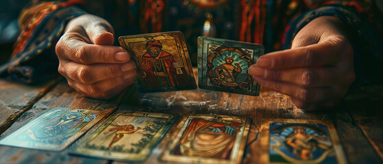 Fortune tellers hands arranging tarot cards in a spread