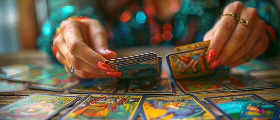 Fortune tellers hands arranging tarot cards in a spread