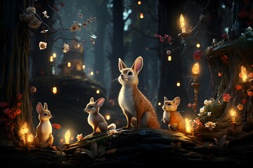 Wall Mural - Cute little rabbits in the forest at night, 3d illustration