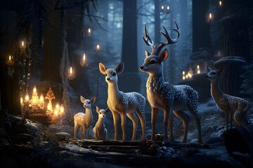 Wall Mural - Deer family in the dark forest at night. 3d rendering