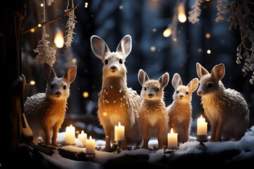 Wall Mural - Christmas card with cute little deers and candles in winter forest.