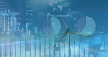 Sticker - Image of graphs and financial data over wind turbine