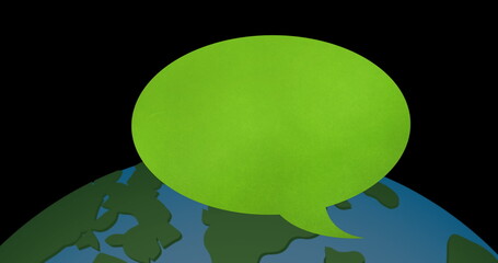 Canvas Print - Image of green speech bubble over globe on black background