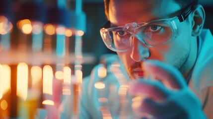 A researcher's hands handle vials with colored liquids in a laboratory environment with a blurred face