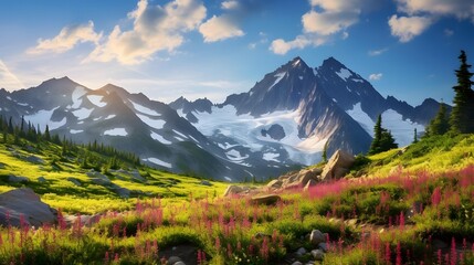 Wall Mural - Mountain panorama with pink flowers and blue sky with clouds.