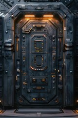 Canvas Print - Cutting-Edge Scientific Research Station's Futuristic Entrance with Intricate Control Panels and Heavy Adamantium Door