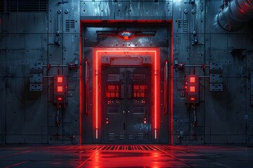 Canvas Print - Fortified Entrance to High-Tech Extraterrestrial Laboratory with Armored Blast Doors and Pulsing Surveillance Systems