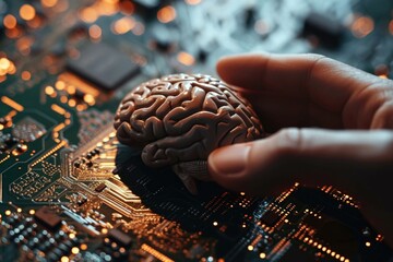 A person holding a 3D brain model on top of a circuit board, suitable for science and technology illustrations