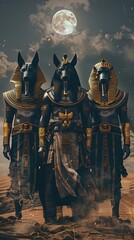 Canvas Print - Primal Egyptian Pantheon - Imposing Divine Embodiments Under Nocturnal Desert Skies