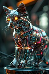 Canvas Print - Retrofuturistic Feline Cyborg with Neon Circuitry and Hover Disc on an Abstract Pop Art Background